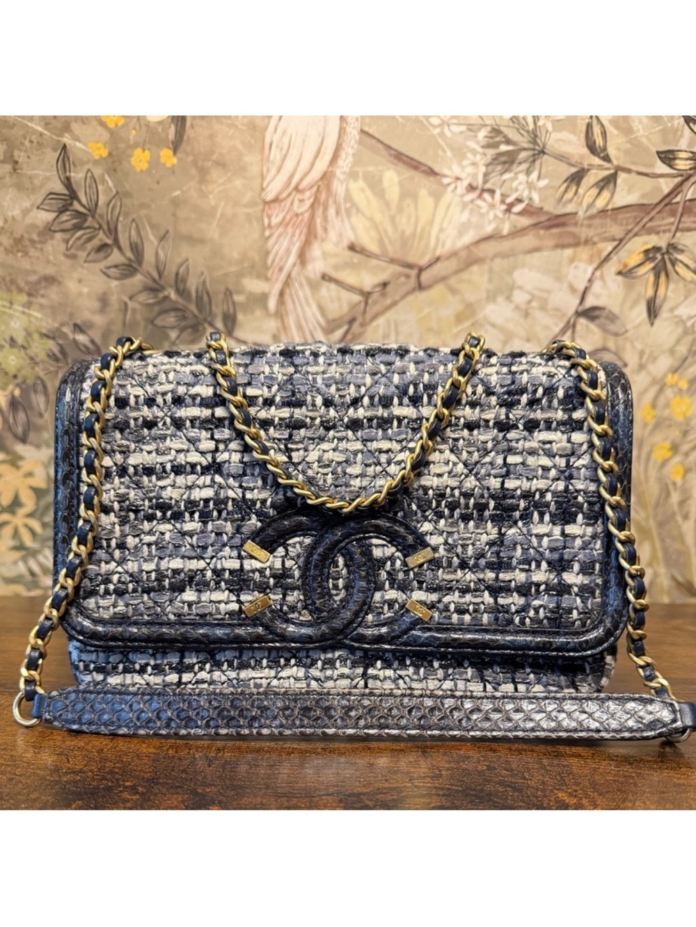 CHANEL Tweed and Leather Chain Shoulder Bag in Navy, White, Gold